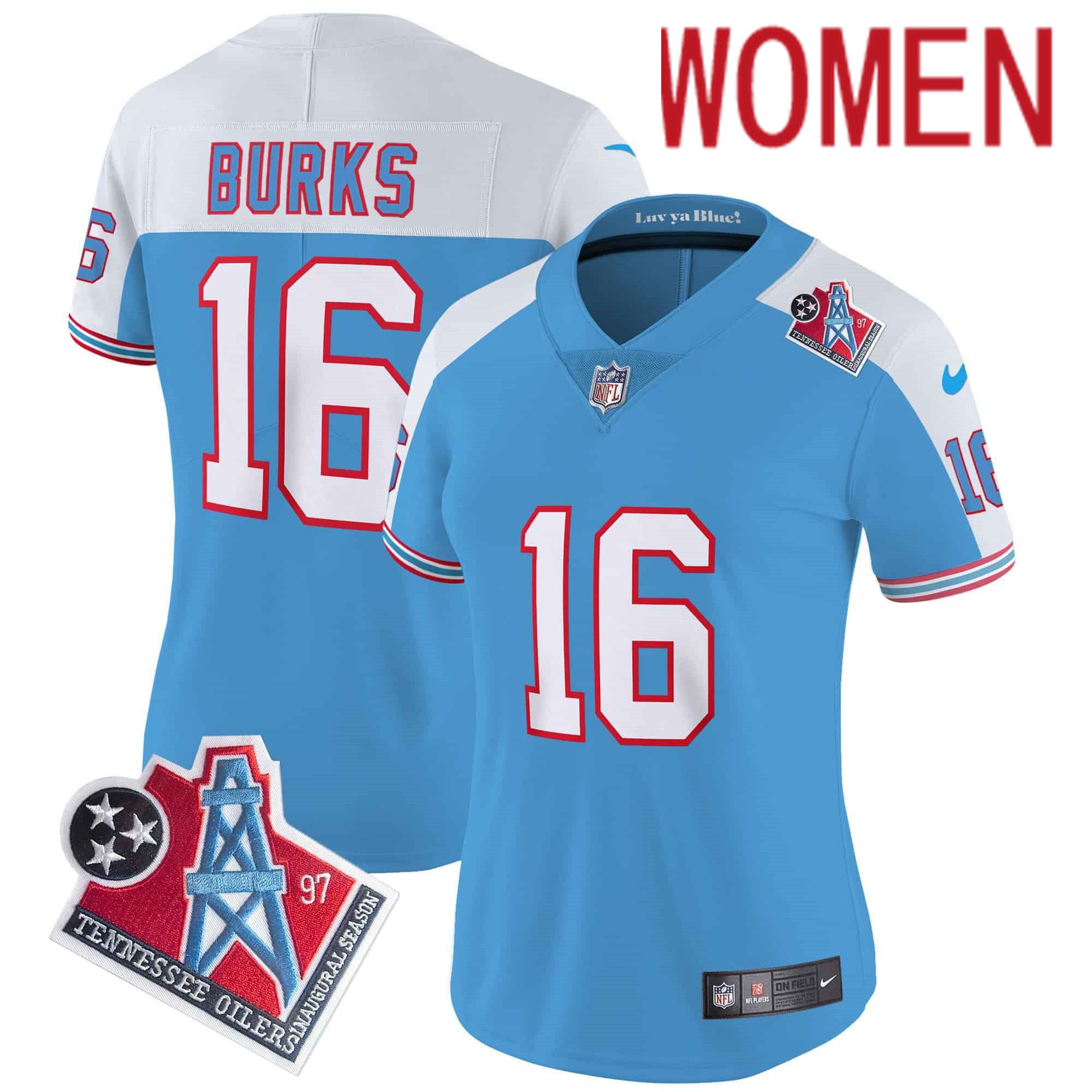 Women Tennessee Titans #16 Burks Light Blue 1997 Throwback 2024 Nike Limited Vapor NFL Jersey style 1->customized nfl jersey->Custom Jersey